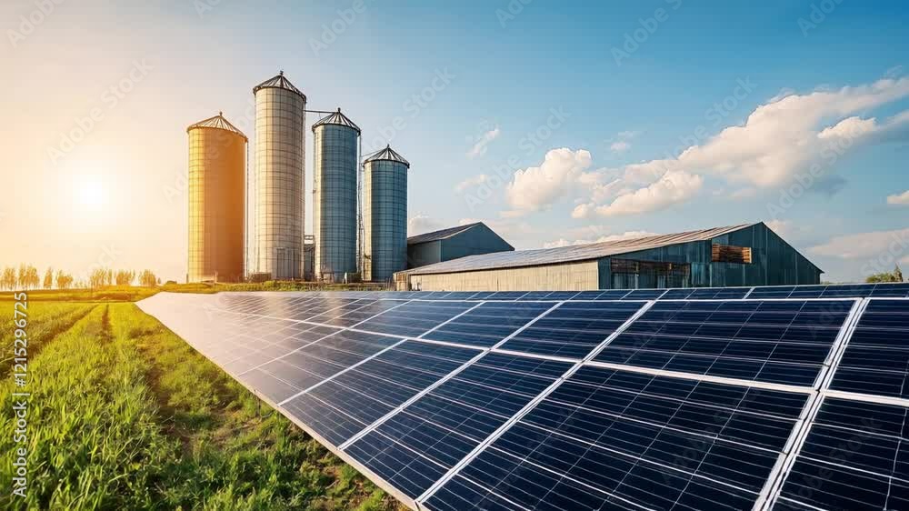 Sunlit solar panels generating clean electricity across agricultural landscape during golden evening light, highlighting green energy integration