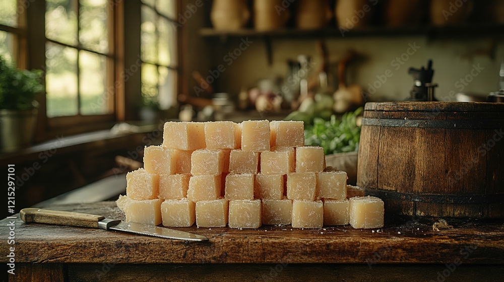 Cubes of Homemade Creamy Soap Stacked on Wood Cubes of Homemade Creamy Soap Stacked on Wood