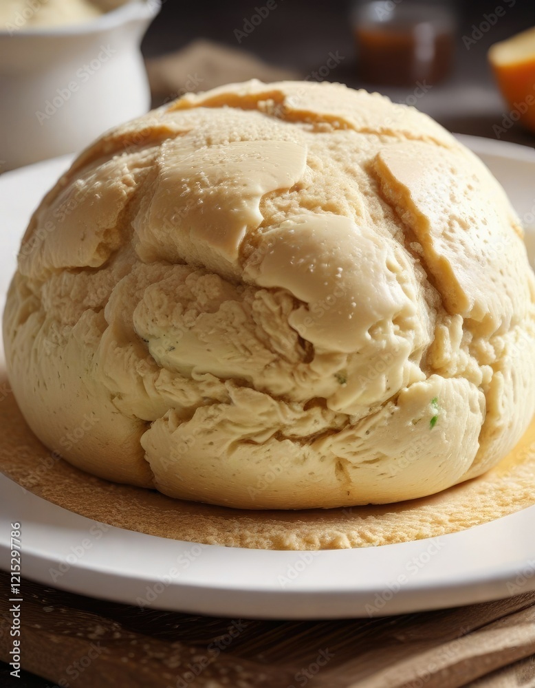 Freshly fermented raw bread dough pulp on a white plate , raw, fermentation process Freshly fermented raw bread dough pulp on a white plate , raw, fermentation process