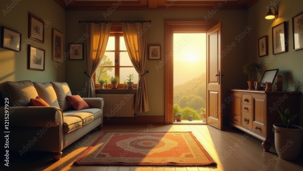 Fototapeta premium A cozy bedroom filled with sunlight, featuring wooden furniture and an inviting, warm ambiance..