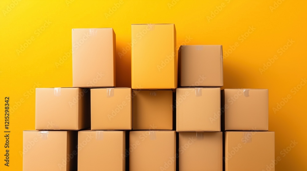 Obraz premium Cardboard boxes are neatly stacked to form a pyramid against a vivid yellow wall. This arrangement showcases the simplicity and uniformity of packaging materials in a visually striking manner