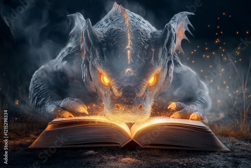 A majestic dragon reads a glowing book, perfect for World Book Day, illuminated by a cozy reading lamp that enhances the magical ambiance.