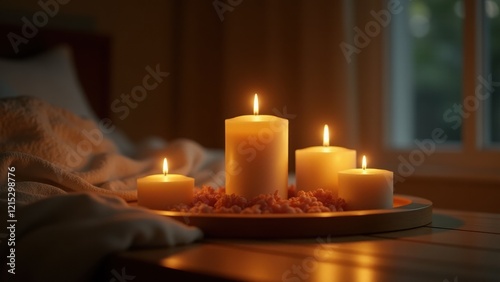 A collection of candles glowing softly on a tray, creating a warm and peaceful ambiance in a cozy room..