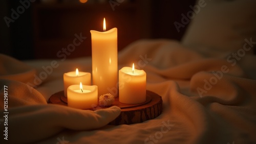 Glowing candles arranged in a warm and cozy setting, creating a romantic and peaceful atmosphere..