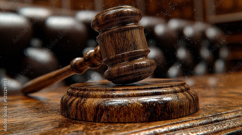 Gavel on sound block in courtroom, dust motes, leather chairs Gavel on sound block in courtroom, dust motes, leather chairs