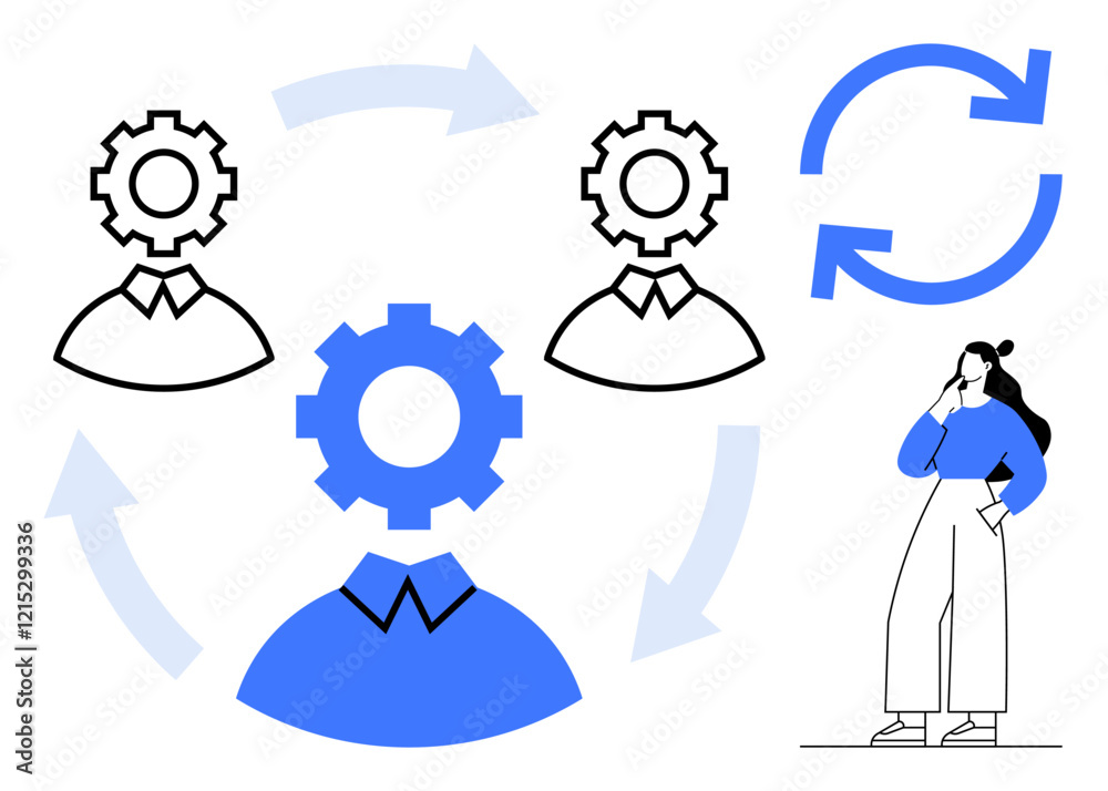 Gear-head figures interconnected by arrows, accompanied by a contemplating woman. Ideal for teamwork, project management, workflow, process improvement, collaboration, business strategy, human Gear-head figures interconnected by arrows, accompanied by a contemplating woman. Ideal for teamwork, project management, workflow, process improvement, collaboration, business strategy, human