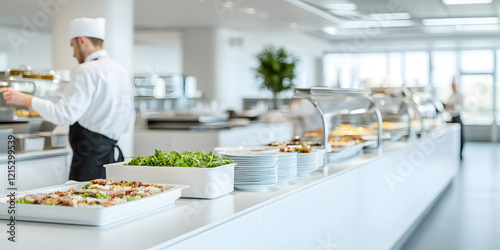 A chef prepares food in a bright, modern cafeteria.  Stacks of plates and various dishes are neatly arranged on a self-serve counter, showcasing a fresh and healthy meal. photo