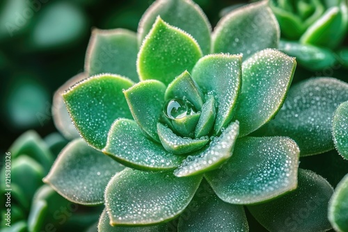 Close-up of a succulent plant with water droplets on its leaves, showcasing its vibrant green color and intricate details.