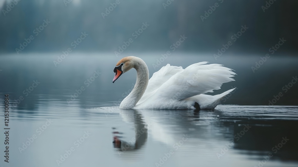 Obraz premium elegant white swan, serene lake, misty atmosphere, rippled water surface, soft focus, muted colors, tranquil scene, graceful pose, reflection in water, moody lighting, ethereal ambiance, nature photog