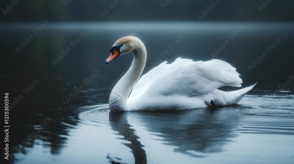 elegant white swan, serene lake, misty atmosphere, rippled water surface, soft focus, muted colors, tranquil scene, graceful pose, reflection in water, moody lighting, ethereal ambiance, nature photog elegant white swan, serene lake, misty atmosphere, rippled water surface, soft focus, muted colors, tranquil scene, graceful pose, reflection in water, moody lighting, ethereal ambiance, nature photog