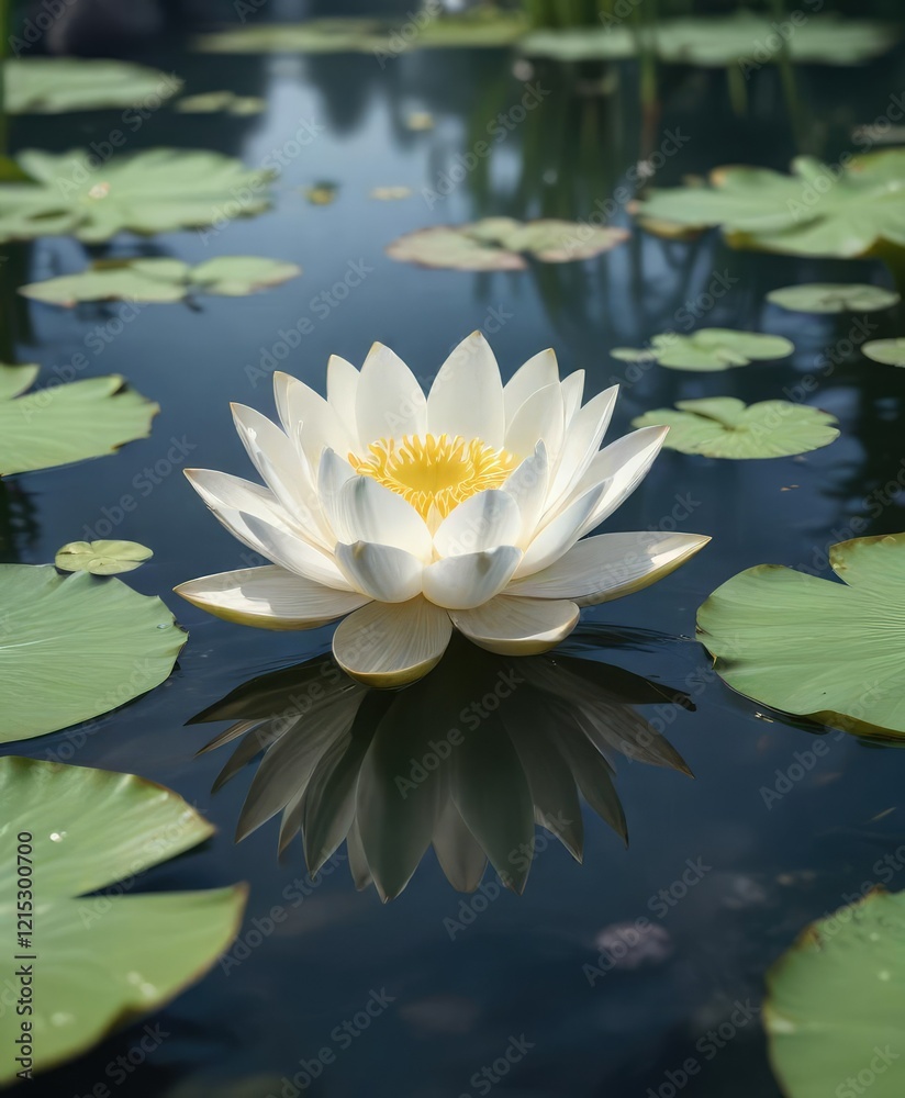 Elegant white lotus floating in a serene pond, Floating, Spiritual, White Flower Elegant white lotus floating in a serene pond, Floating, Spiritual, White Flower