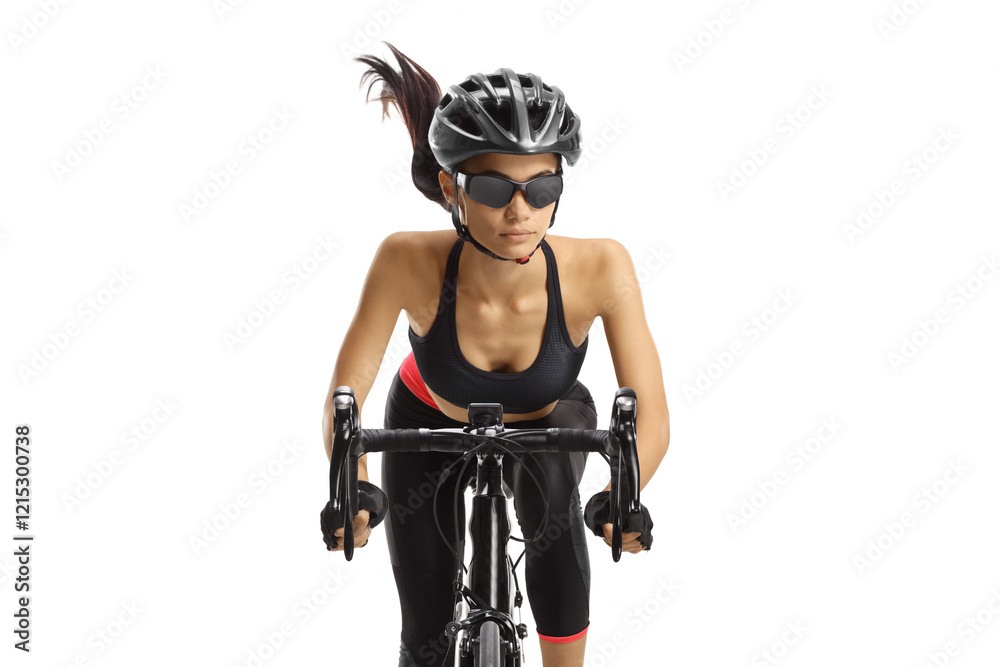 Sporty female riding a bicycle towards the camera Sporty female riding a bicycle towards the camera