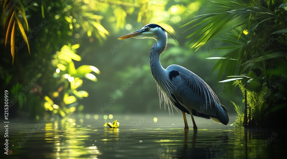Naklejka premium Heron standing gracefully in calm waters surrounded by lush greenery in a tropical setting