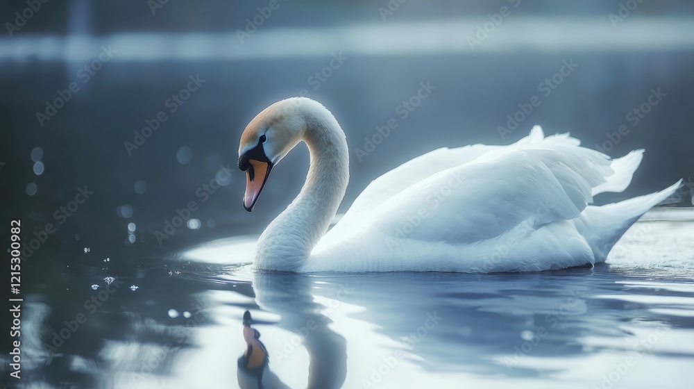 Obraz premium elegant white swan, serene lake, misty atmosphere, rippled water surface, soft focus, muted colors, tranquil scene, graceful pose, reflection in water, moody lighting, ethereal ambiance, nature photog