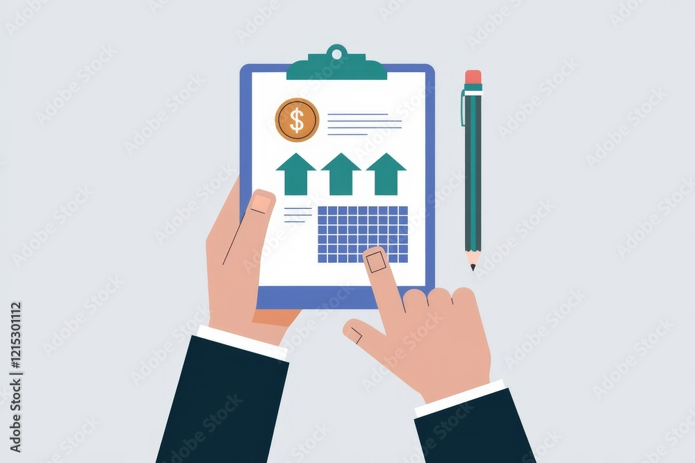 Hands reviewing financial data on a clipboard showing upward trends and positive financial growth. Hands reviewing financial data on a clipboard showing upward trends and positive financial growth.