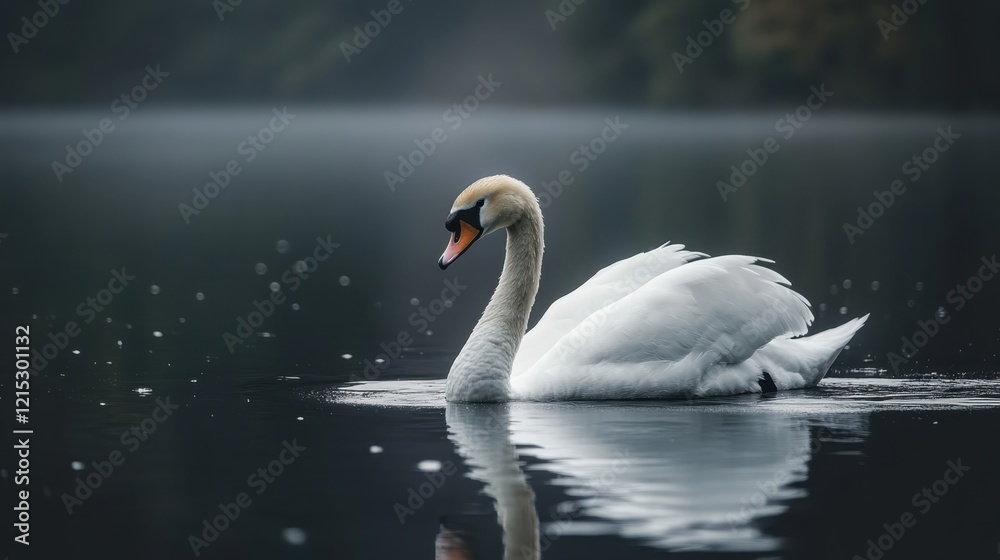 Obraz premium elegant white swan, serene lake, misty atmosphere, rippled water surface, soft focus, muted colors, tranquil scene, graceful pose, reflection in water, moody lighting, ethereal ambiance, nature photog