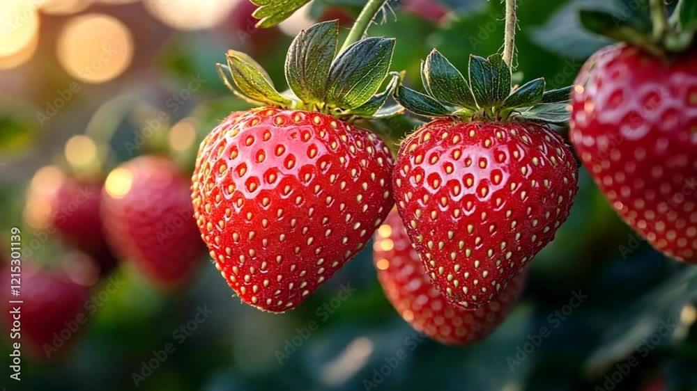 Close-up of ripe strawberries hanging on a plant in soft sunlight.