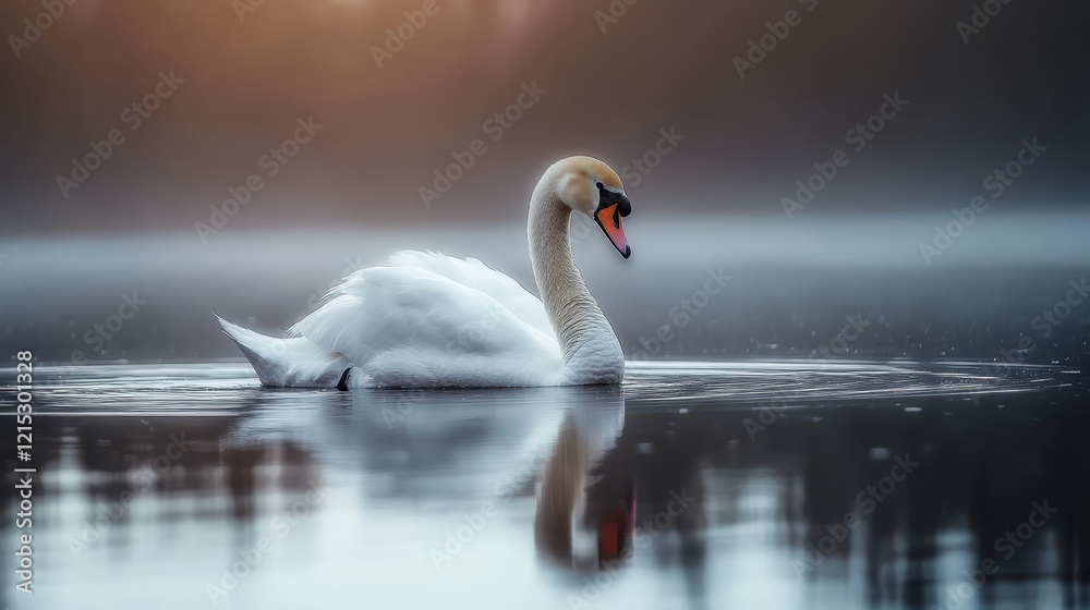 Fototapeta premium elegant white swan, serene lake, misty atmosphere, rippled water surface, soft focus, muted colors, tranquil scene, graceful pose, reflection in water, moody lighting, ethereal ambiance, nature photog