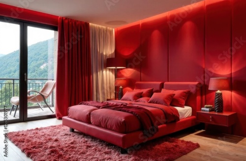 Modern bedroom with a red leather bed, matching rug, warm lighting, and large windows overlooking a green outdoor space creating a bold and luxurious atmosphere