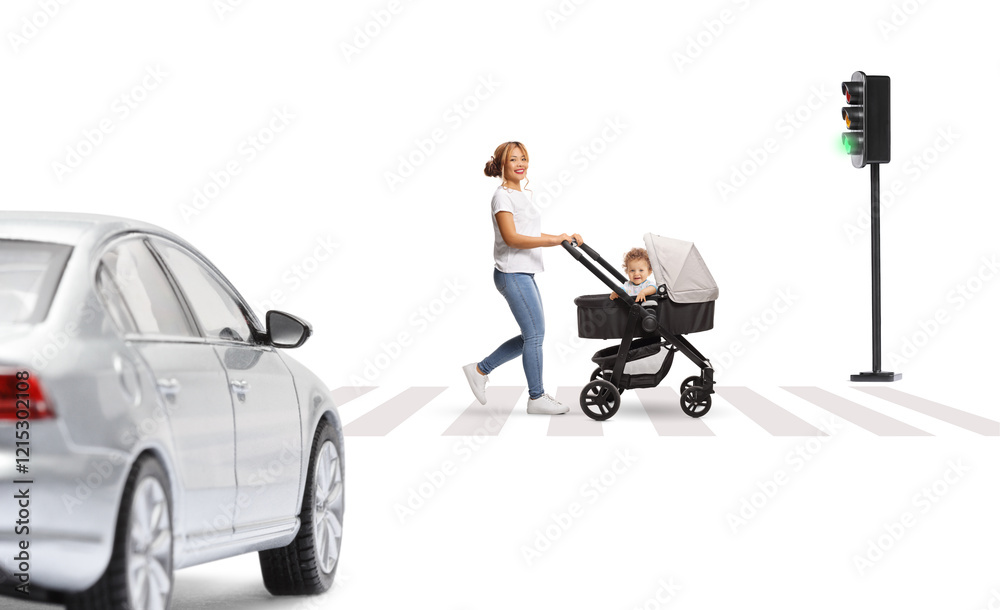 Asian woman crossing a street and pushing a baby stroller Asian woman crossing a street and pushing a baby stroller