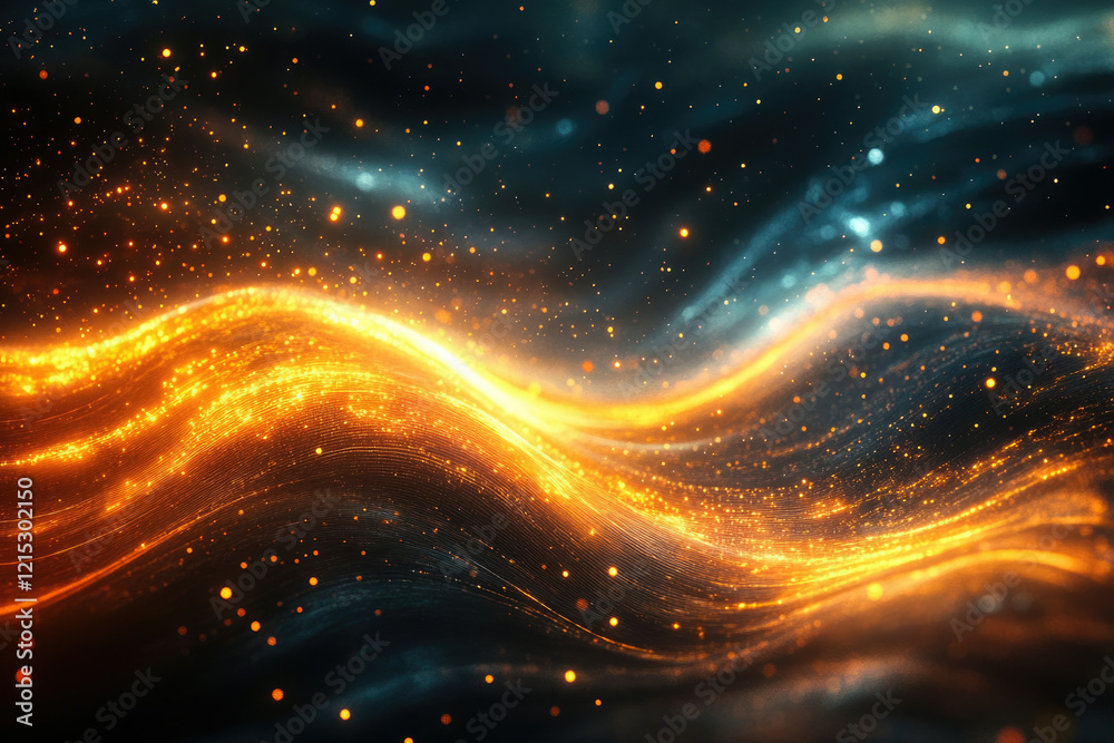 Fototapeta premium Abstract waves of glowing particles, vibrant orange and blue hues, cosmic energy, digital art.