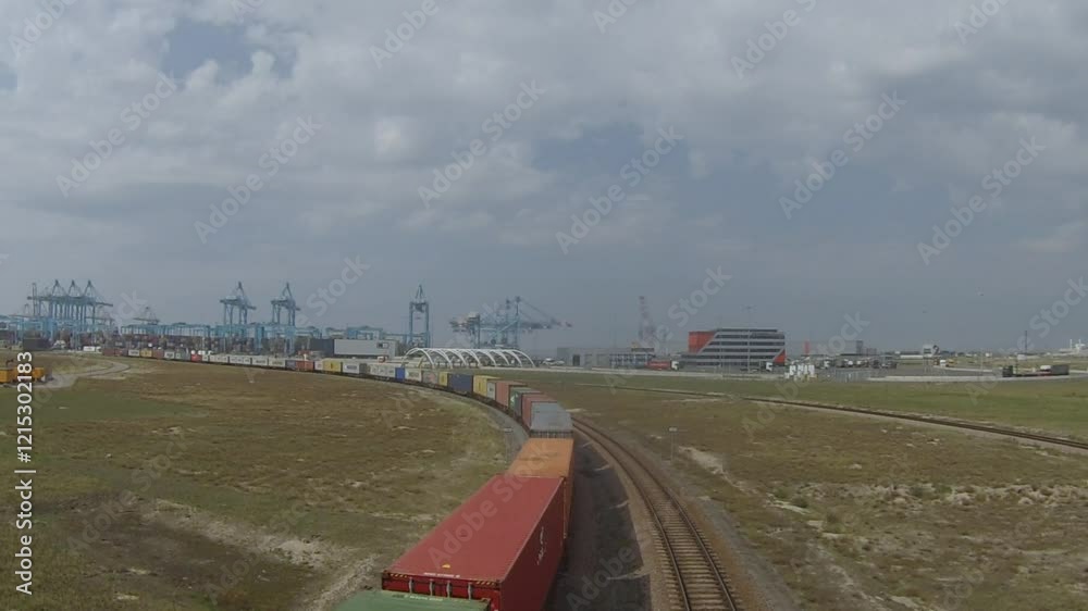Maasvlakte Rotterdam havengebied The Netherlands 
A train of containers leaves the APM container terminals on the Maasvlakte 2.