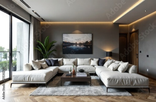 Modern living room with a large gray sectional sofa, wooden coffee table, decorative plants, and soft lighting creating a cozy and elegant atmosphere