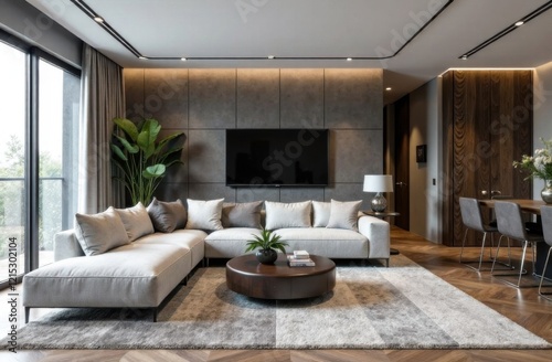 Modern living room with a large gray sectional sofa, wooden coffee table, decorative plants, and soft lighting creating a cozy atmosphere