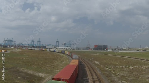 Maasvlakte Rotterdam havengebied The Netherlands 
A train of containers leaves the APM container terminals on the Maasvlakte 2.