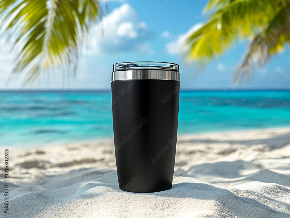 Tumbler resting on sandy beach near blue ocean water
