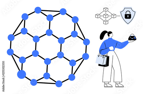 Woman holding a sphere, large network of connected nodes, shield with a padlock, blockchain network diagram. Ideal for cybersecurity, blockchain, data protection, decentralization, digital commerce