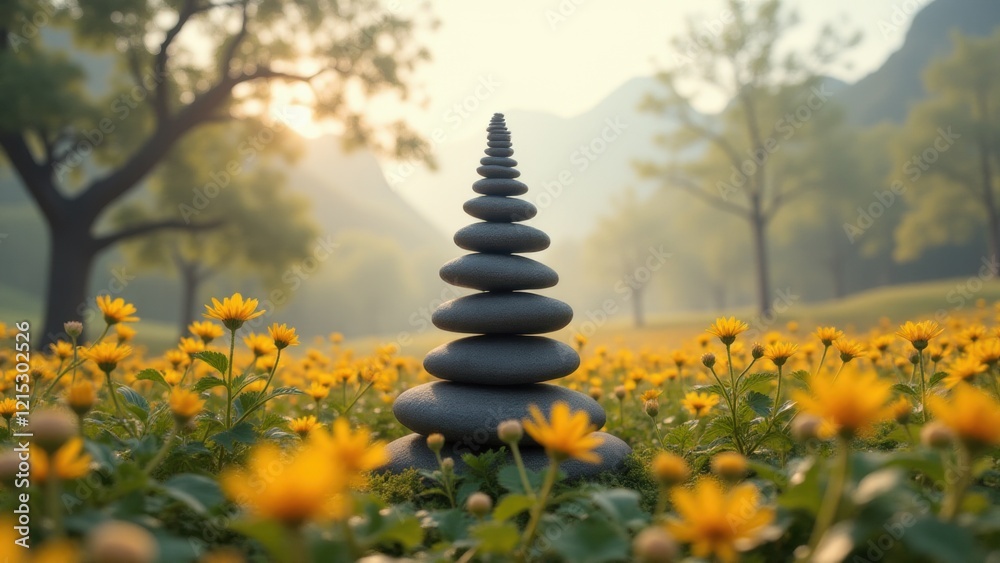 Obraz premium A stupa emerges gracefully among colorful wildflowers, expressing unity between spirituality and nature.