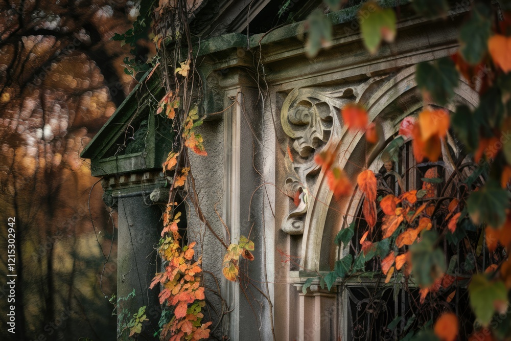 Obraz premium Autumn leaves clinging to an ornate stone structure, creating a melancholic yet beautiful scene.