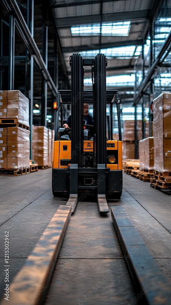 Forklift in operation within a busy warehouse, expertly maneuvering through rows of stacked pallets during morning hours Forklift in operation within a busy warehouse, expertly maneuvering through rows of stacked pallets during morning hours