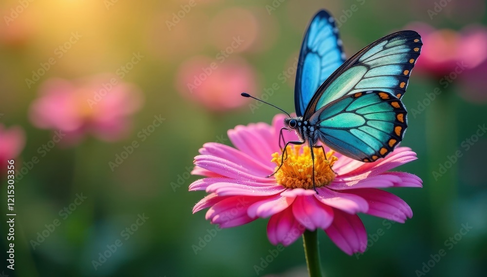 Colorful butterfly on a spring flower, with dew and light background , spring, foliage, morning Colorful butterfly on a spring flower, with dew and light background , spring, foliage, morning