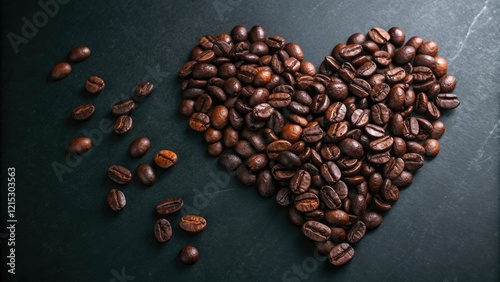 Dark roast coffee beans arranged in an asymmetrical heart shape against a dark and mysterious background, coffee patterns, roasted coffee flavors