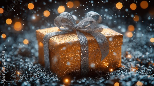 A gift box in a shiny gold color, tied with a ribbon and a bow.