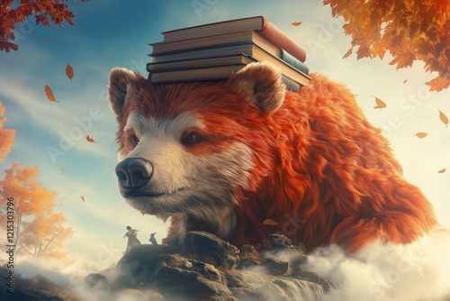 A whimsical scene featuring a large bear with a stack of books on its head, celebrating imagination for World Book Day in a vibrant autumn setting.