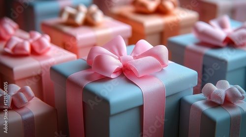 Pastel color gift boxes tied with a ribbon and bow.