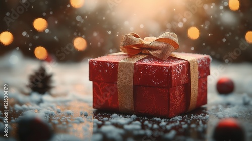 Red gift box tied with a ribbon and a bow.