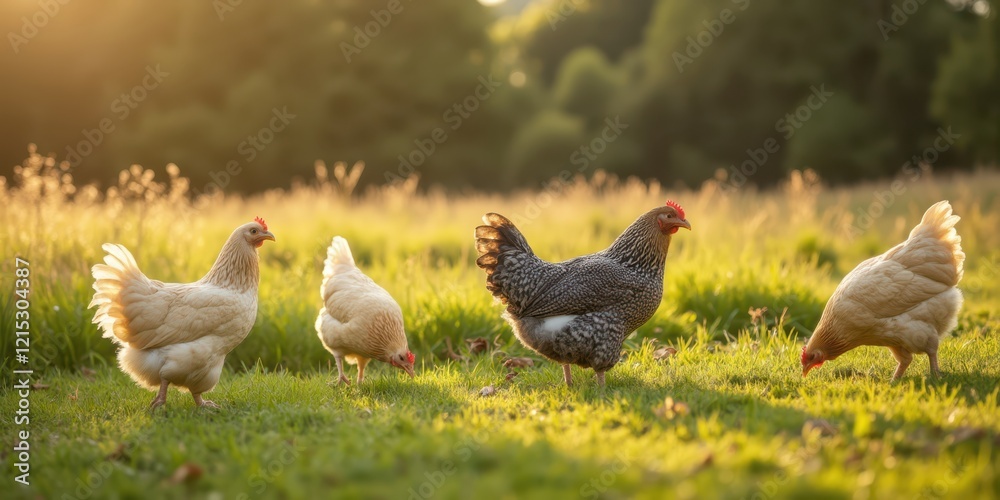 Fototapeta premium chickens in a field at sunset