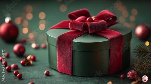 Green gift box tied with red ribbon and a bow.