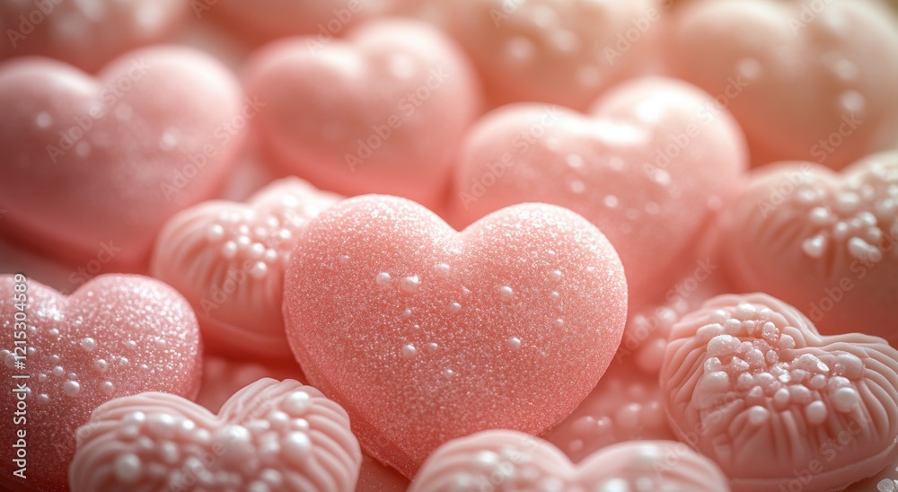 Obraz premium Sparkling Pink Heart Shaped Candies Valentine s Day Sweets Romantic Treats Close Up