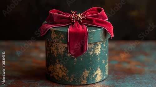 Green gift box tied with red ribbon and a bow.