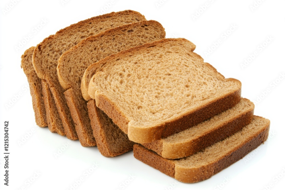 Delicious dark bread slices arranged neatly on a bright white surface enhancing the natural texture and color of the loaf Delicious dark bread slices arranged neatly on a bright white surface enhancing the natural texture and color of the loaf