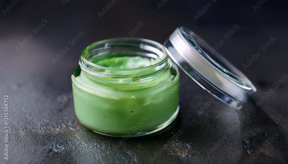 Glass jar with green cream or lotion. Nourishing and moisturizing skincare product. Natural cosmetic Glass jar with green cream or lotion. Nourishing and moisturizing skincare product. Natural cosmetic