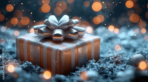 Gift box tied with ribbon and bow on shiny background.