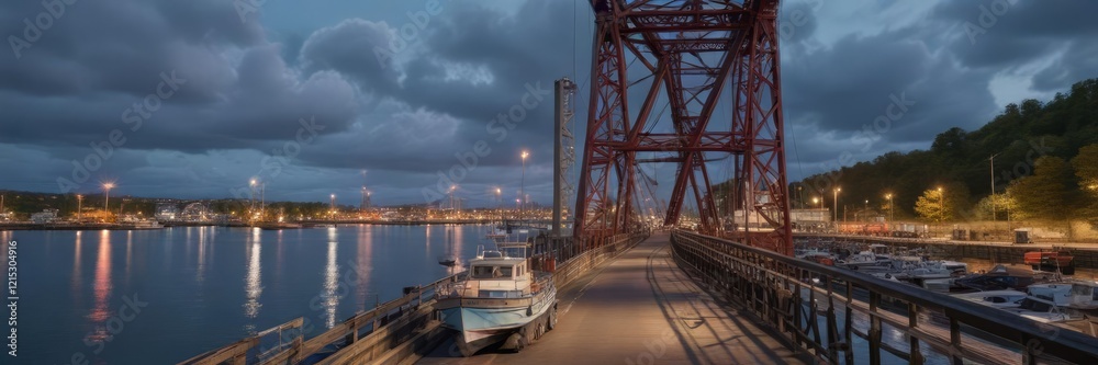 Obraz premium Double deck lift bridge with boat ramp and fishing boats in the foreground, double deck lift bridge, boat ramp