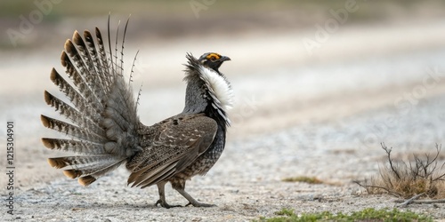 Displaying courtship behavior with raised hackle feathers, Pterocles gutturalis, hackle feathers, courtship photo