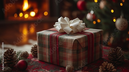 Gift box tied with ribbon and bow against fireplace background.